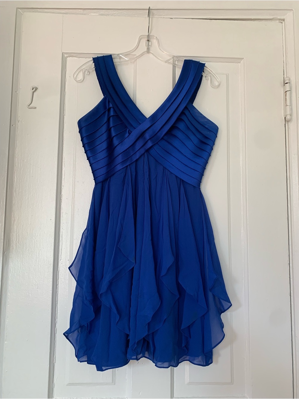 BCBGMaxAzria Cobalt Blue Pleated V-Neck Chiffon Mini Dress